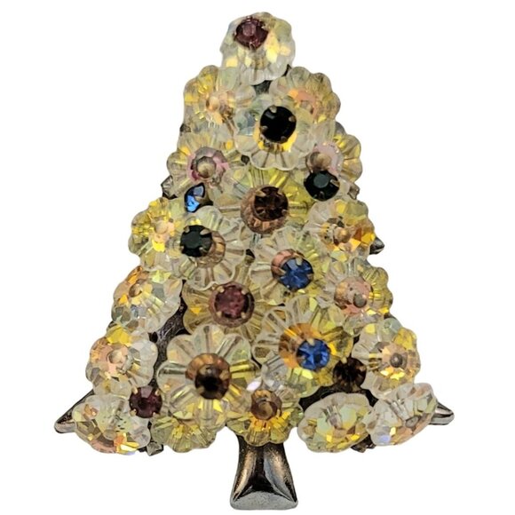 Vintage AB Glass Bead, Multi Color Rhinestone Christmas Tree Pin Brooch K431 - Picture 7 of 7